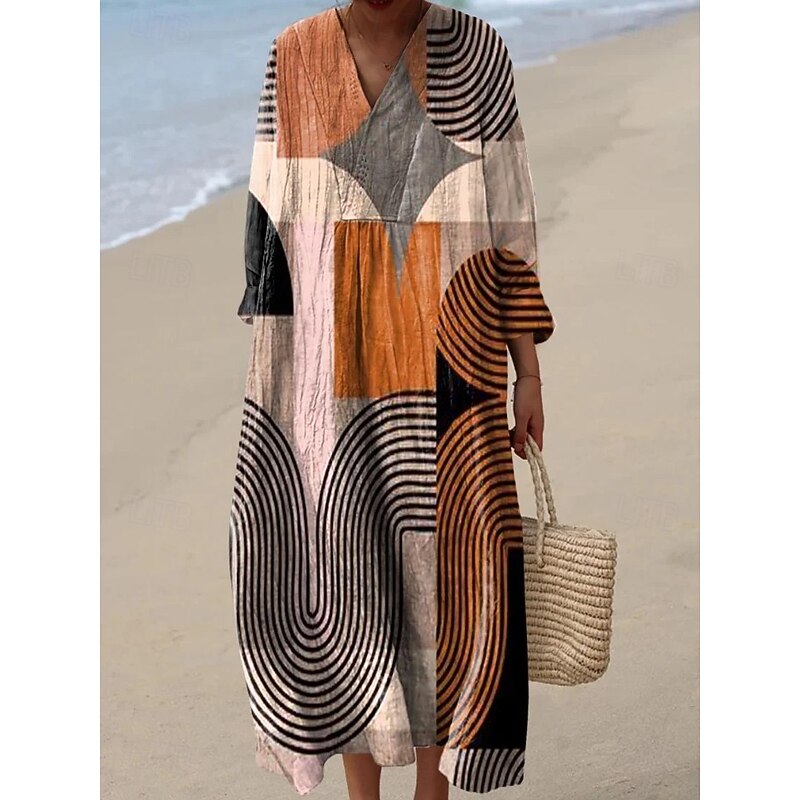 Women's Midi Dress V Neck Long Sleeve Kaftan Lightweight Loose Fit A Line Dress Casual Boho Going out Graphic Geometric Long Sleeve V Neck Dark Yellow Red Light Brown Blue Fall