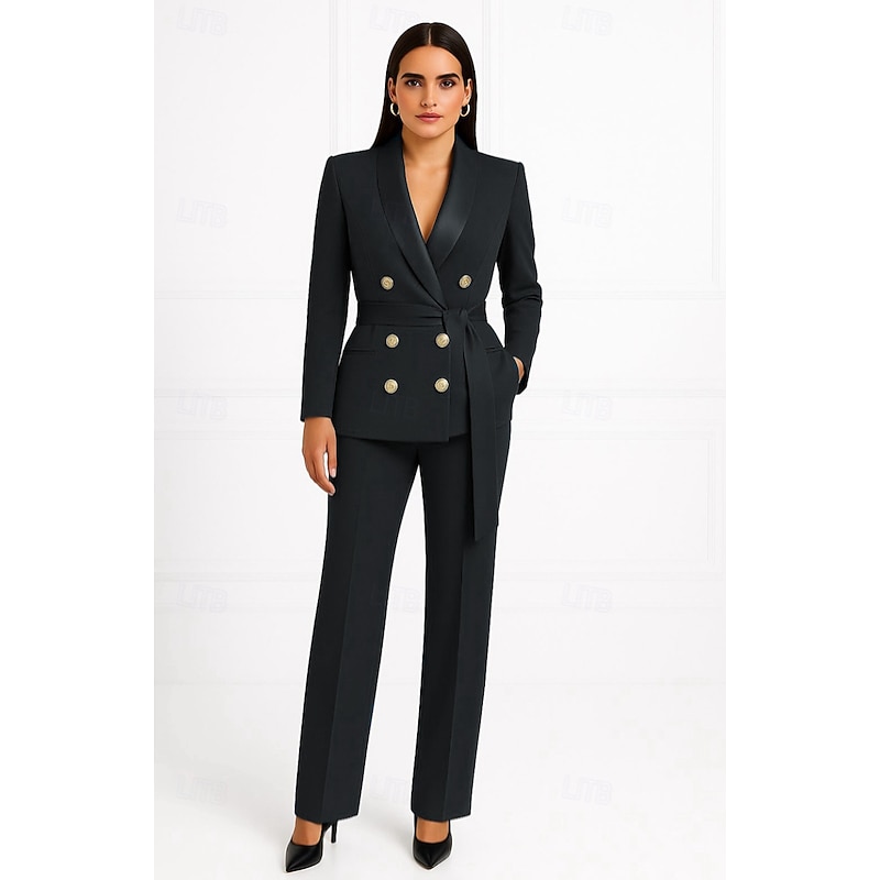 Women's 2 Pieces Suits Formal Wedding Guest Satin Elegant Minimalist Casual Long Sleeve Ankle Length Shawl Lapel Double Breasted4