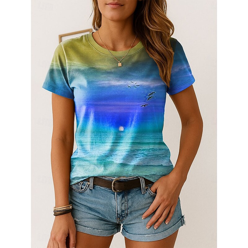 Women's T Shirt Ombre Graphic Vintage Stylish Classic Short Sleeve Crew Neck Regular Tops Daily Weekend Print Pink Blue Purple Orange Summer Spring4
