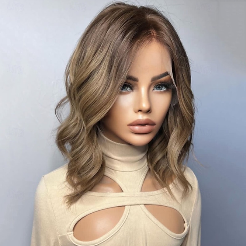 Unprocessed Virgin Hair 5x5 Closure 13x4 Lace Front Wig Short Bob Brazilian Hair Wavy Multi-color Wig 130% 150% Density with Baby Hair Highlighted / Balayage Hair 100% Virgin Glueless Pre-Plucked For2