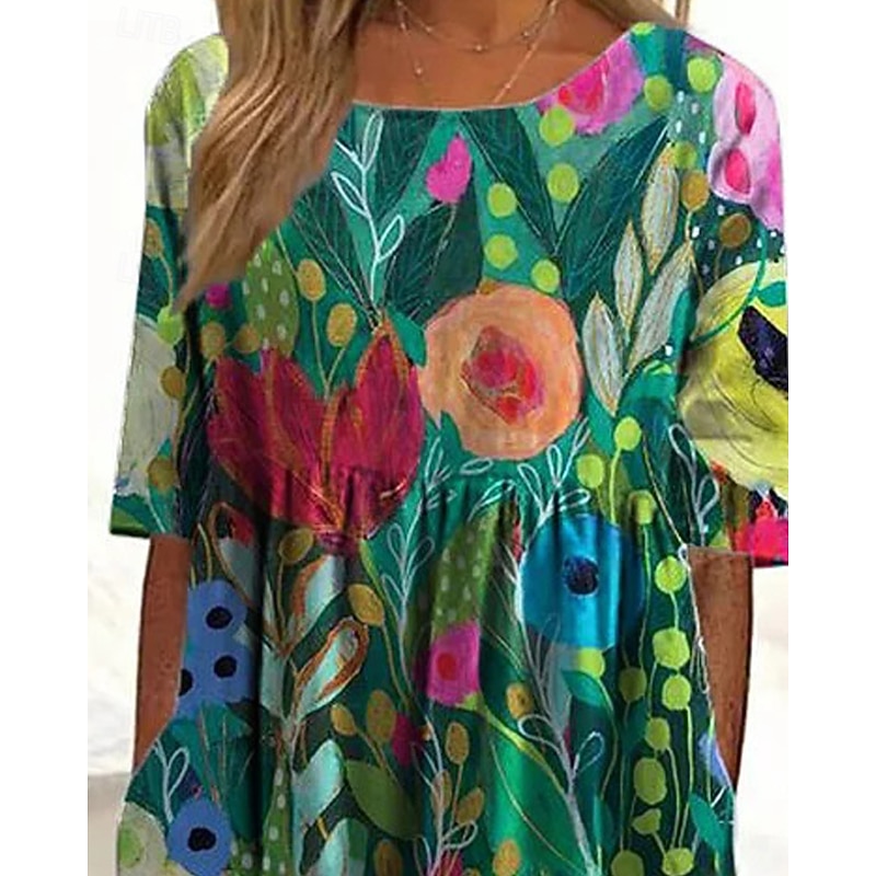 Women's Midi Dress Casual Dress Summer Dress Fashion Modern Daily Beach Weekend Regular Fit Flower Half Sleeve Crew Neck Pink Green Spring Fall3