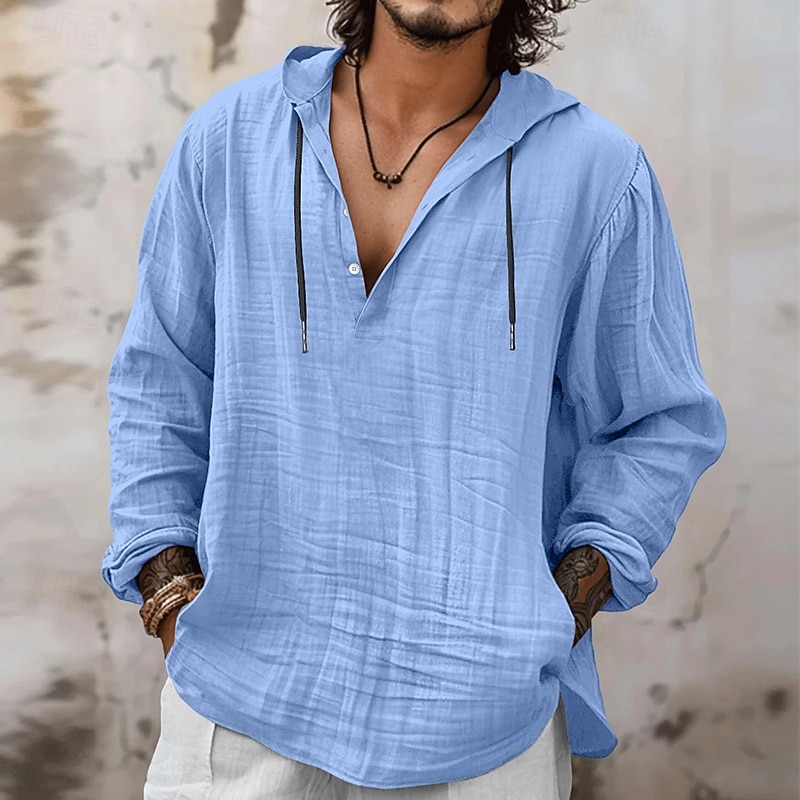 Men's Shirt Linen Shirt Viking Style Summer Shirt Beach Wear Hooded Shirt Solid Color Vacation Street Navy Blue Sky Blue Orange Khaki Long Sleeve Hooded Summer Spring Clothing Apparel Drawstring2