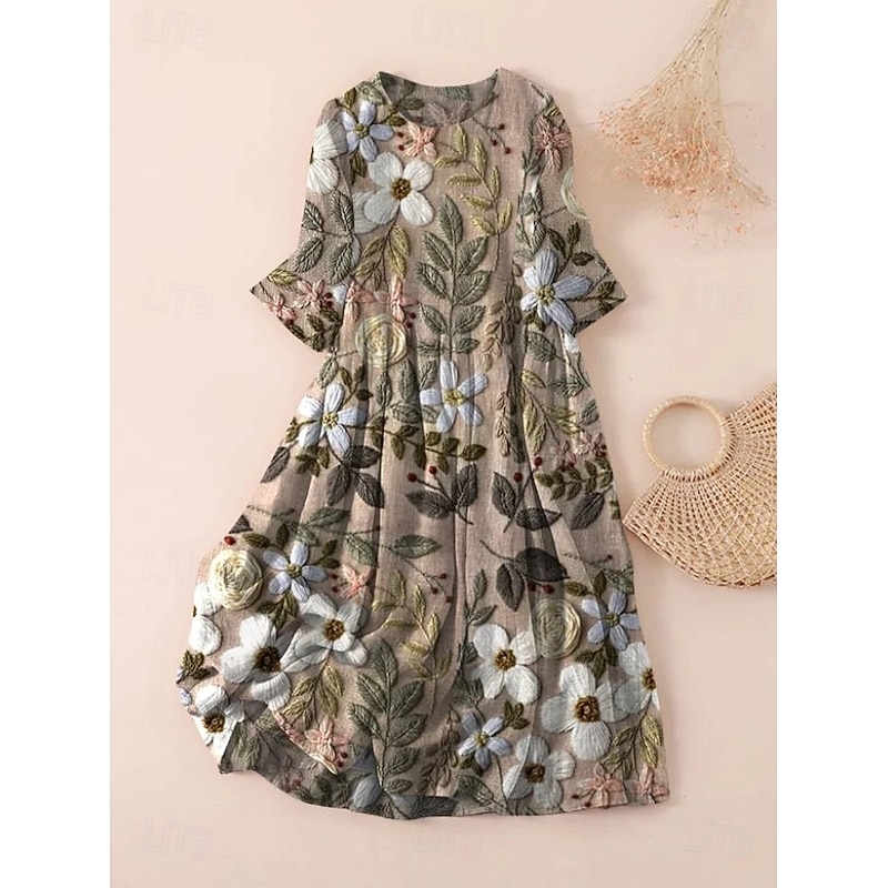 Women's Midi Dress T Shirt Dress Tee Dress A Line Dress Summer Dress Vacation Casual Beach Date Summer Dress Regular Fit Floral Graphic Short Sleeve Crew Neck Dark Brown Black White Light Green3