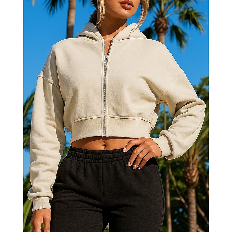 Women's Hoodie Jacket Full Zip Sweatshirt Pocket Long Sleeve Top Athleisure Fall Solid Colored Sun Protection Windproof Outdoor Running Sportswear Activewear White Apricot Gray