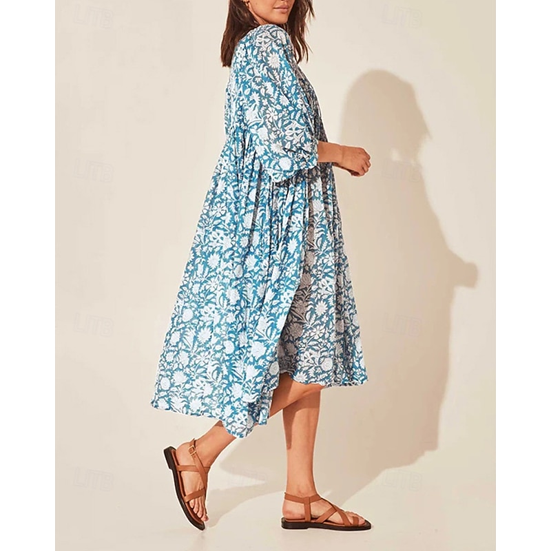 Women's Midi Dress Casual Dress Print Dress Fashion Modern Daily Beach Weekend Regular Fit Floral Half Sleeve V Neck Orange Green Dark Blue Light Blue Spring Fall3