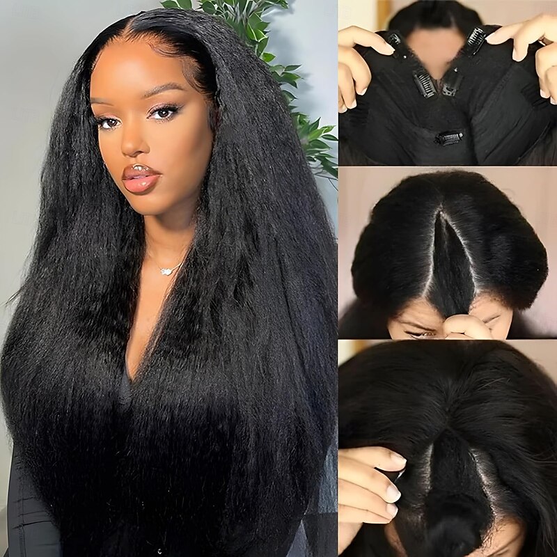 V Part Wigs Brazilian Kinky Straight Human Hair Wigs for Black Women V Shape Wigs No Leave Out Lace Front Wigs Upgrade U Part Wigs Glueless Full Head Clip In Half Wigs