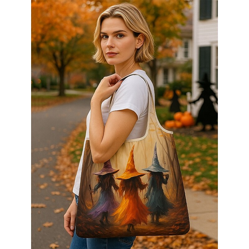 Women's Halloween Foldable Reusable Shopping Tote Bag with Witch Print – Eco-Friendly, Lightweight, for Holiday, Grocery & Daily Use2