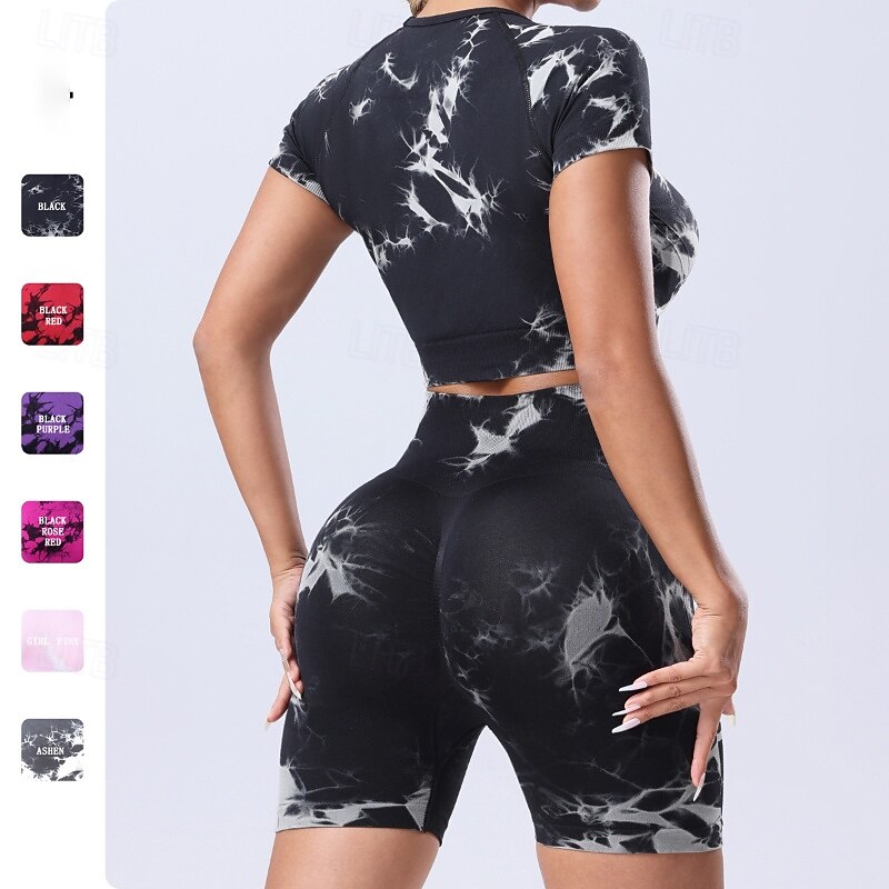 Women's 2 Pieces Workout Sets Shorts and Crop Top Tie Dye Clothing Suit Black Pink Gym Workout High Waist Stretchy Breathable Short Sleeve Sport Activewear Slim