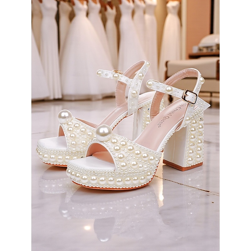 Women's White Pearl Embellished Platform Block Heel Sandals with Ankle Strap - Elegant Wedding and Formal Party Shoes for Ladies