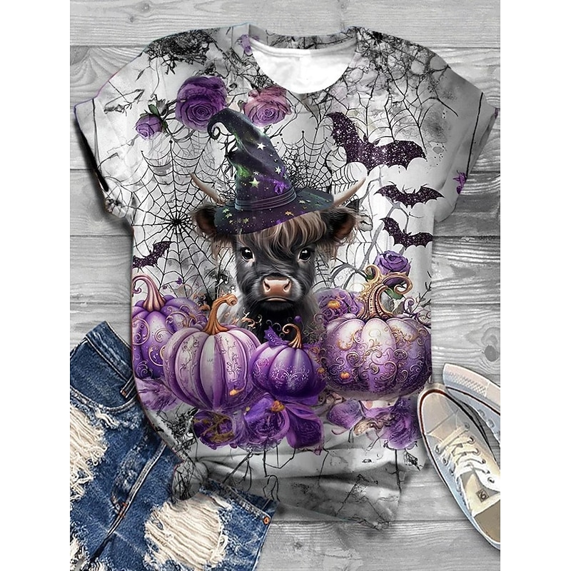 Halloween Women's T shirt Bat Graphic Animal Cat Vintage Stylish Classic Short Sleeve Crew Neck Round Neck Regular Tops Daily Weekend Print Black Blue Purple Brown Khaki Summer Spring Fall