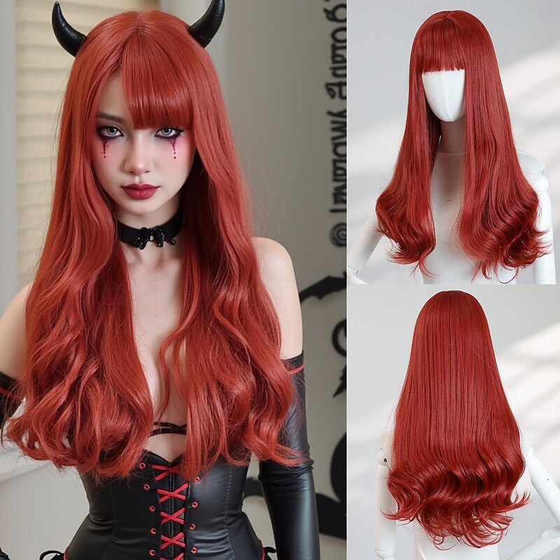 24‑Inch Red Wavy Ends Wig for Women – Full Bangs, High‑Temp Synthetic Long Hair, Perfect for Halloween Costumes & Party Looks