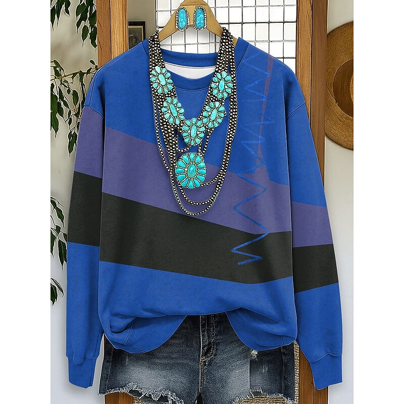 Women's Sweatshirts Graphic Striped Casual Long Sleeve Crew Neck Regular Tops Street Dailywear Casual Print Red Blue Purple Green Fall Winter4