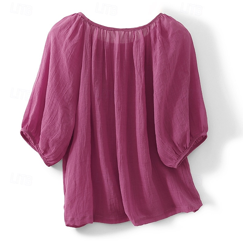 Women's Boho Shirt Blouse Solid Color Bohemia Cute Daily Half Sleeve Puff Sleeve Crew Neck Crop Tops Daily Fuchsia Summer2