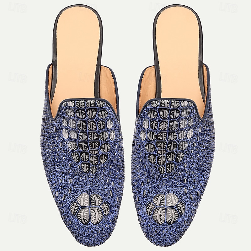 Men's Blue Crocodile Pattern Leather Mule Shoes – Slip-On Luxury Loafers for Stylish Men at Summer Parties and Resort Events4