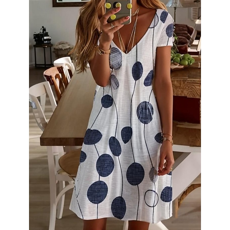 Women's Midi Dress T Shirt Dress Tee Dress Sundress A Line Dress Vacation Casual Beach Going out Beach Regular Fit Graphic Geometric Polka Dot Short Sleeve V Neck Black Green Gray Summer Spring