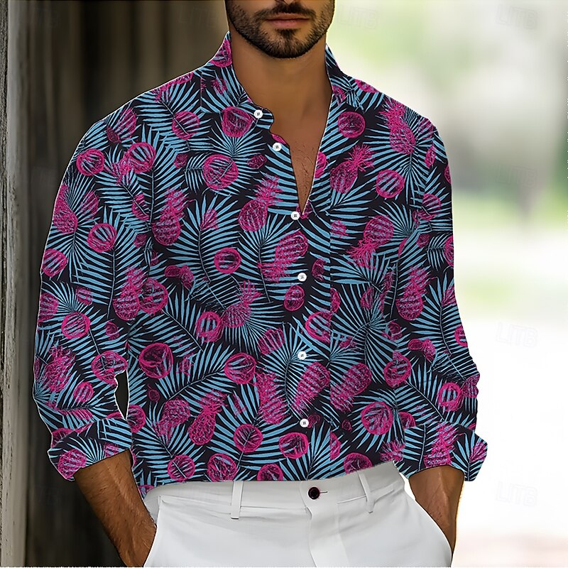 Men's Palm Leaf Tropical Plants Shirt Summer Hawaiian Shirt Button Up Shirt Long Sleeve Hawaiian Holiday Streetwear Summer Spring Turndown 3D Print Collared Shirts Blue Green Rose Red4