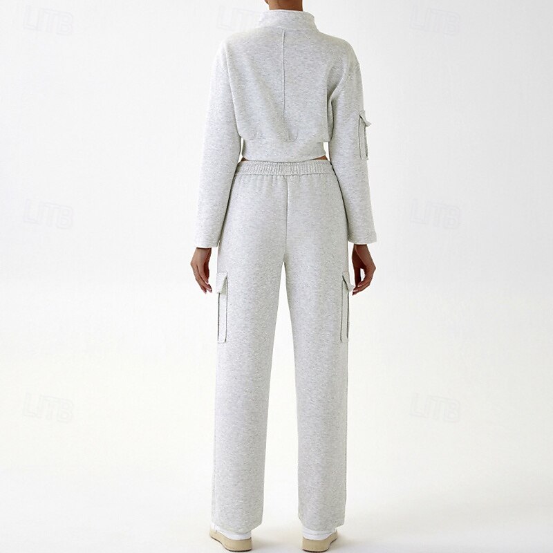 Women's Lounge Sweatsuit Sport Cargo Suit Fall Pocket Full Zip Solid Color Clothing Suit Black Grey Outdoor Running Yoga High Waist Windproof Lightweight Warm Long Sleeve Sport Activewear Loose Fit3