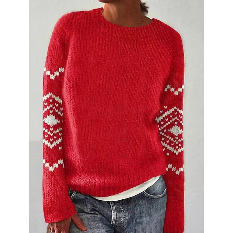 Women's Sweater Casual Soft Heart Geometric Ribbed Crew Neck Knitted Long Sleeve Regular Tops Knit Outdoor Daily Weekend Pink Red Fall Winter3