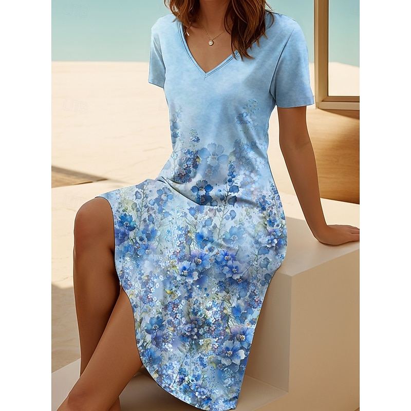 Women's Midi Dress T Shirt Dress Tee Dress Sundress A Line Dress Vacation Casual Going out Beach Regular Fit Floral Graphic Short Sleeve V Neck Yellow Blue Sky Blue Summer Spring