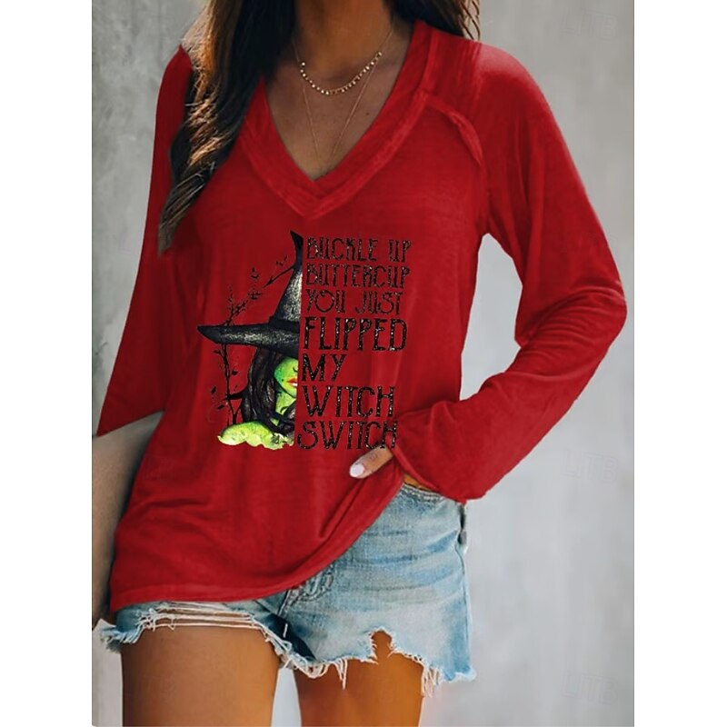 Halloween Women's T shirt Black Cat V Neck Long Sleeve Graphic Casual Witch Elegant Vintage Stylish Regular Tops Daily Going out Weekend Print Black White Pink Red Blue Summer Spring Fall4