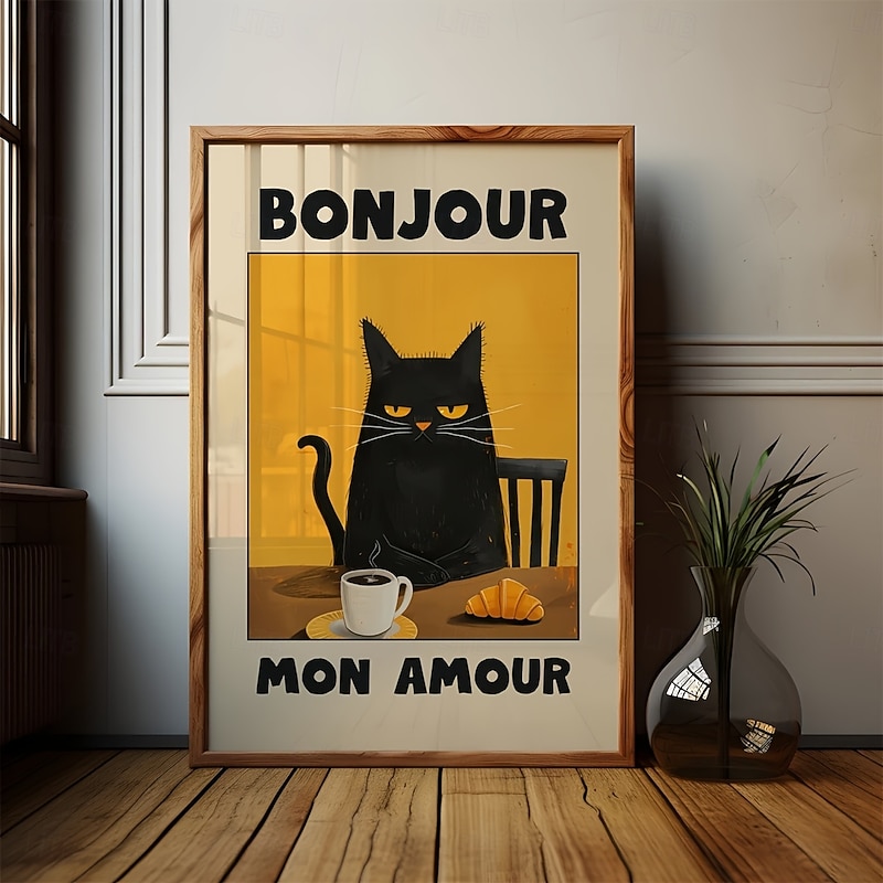 Vintage-Inspired 1pc Black Cat Breakfast Art Poster - Bonjour Mon Amour  Unframed Canvas Print for Kitchen Dining Room or Bedroom French-Themed Cat Illustration with Warm Tones Contemporary Art4