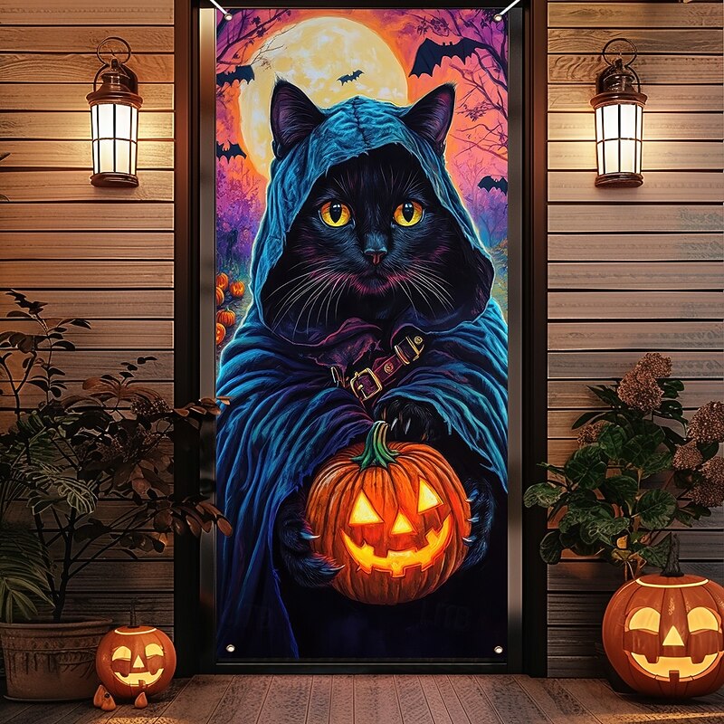 Halloween Door Cover Outdoor Banners Pumpkin Cat Psychedelic Dark Punk Gothic Style Party Outdoor Shooting Backgrounds Front Door Wall Porch Home Decor