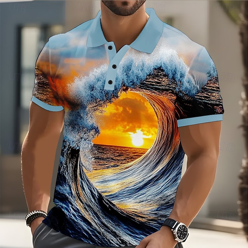 Men's Spray Polo Short Sleeve Polo Shirts Casual Athleisure Daily Wear 3D Print Buttons Summer Navy Blue Blue Gray