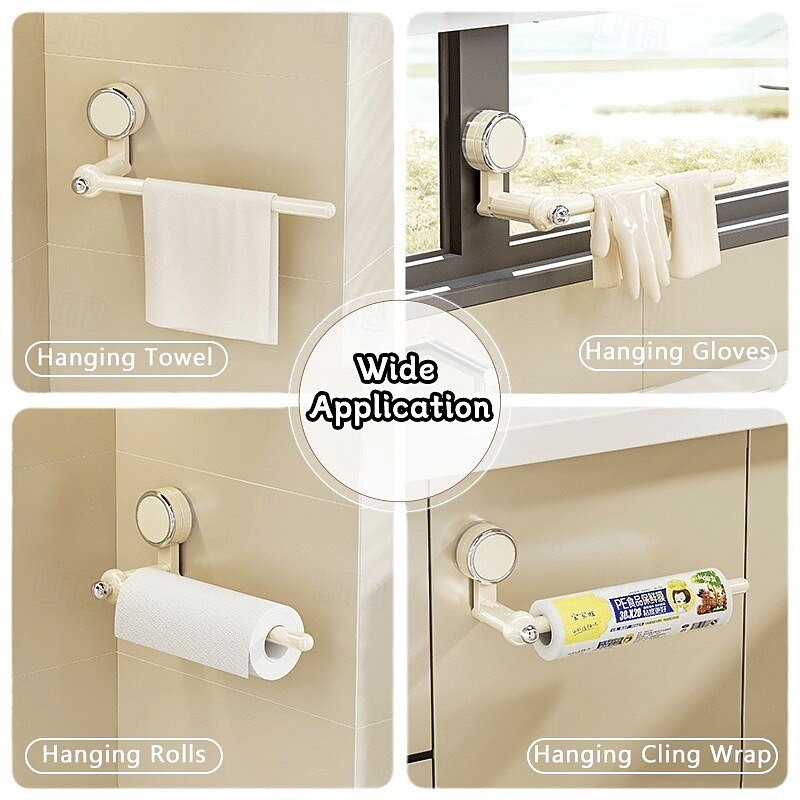 2pcs Multifunctional Sucker Hanging Rod Suction Cup Paper Towel Holder, No Drilling Kitchen Cabinet Wrap Organizer, Plastic Film Rack Dish Cloth Hanger4