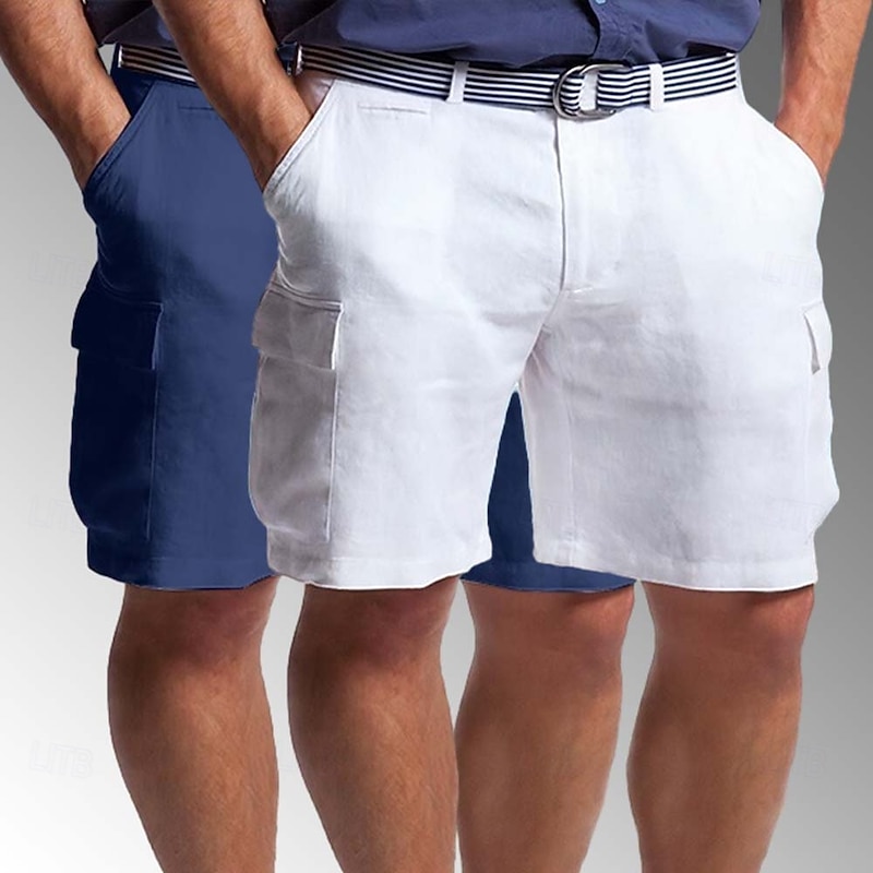 Men's Cargo Shorts Linen Shorts Summer Shorts Beach Shorts Multi Pocket Straight Leg Plain Comfort Breathable Knee Length Casual Daily Holiday Vacation Fashion White+khaki White+Navy Blue2