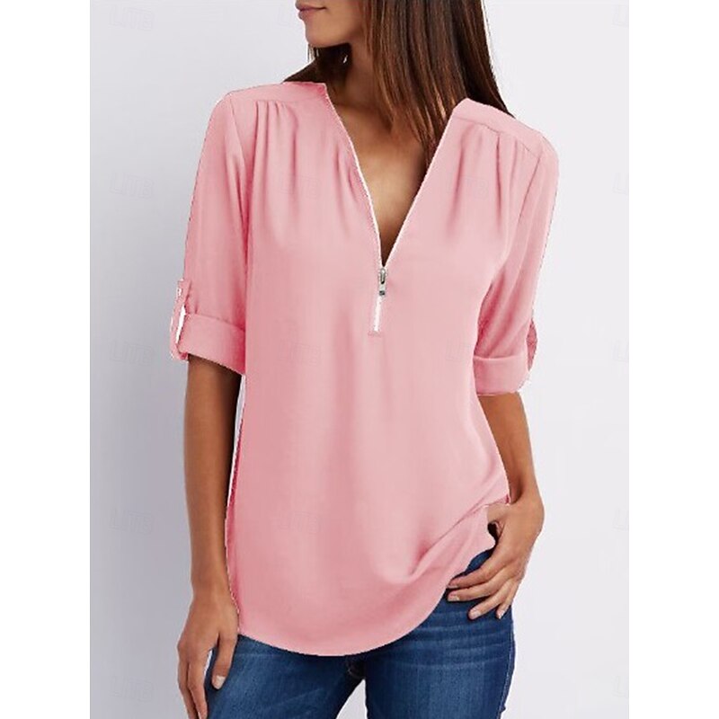 Women's Blouse Plain Daily Half Sleeve V Neck Regular Tops Daily Zipper Black Pink Brown Green Summer Spring Fall4
