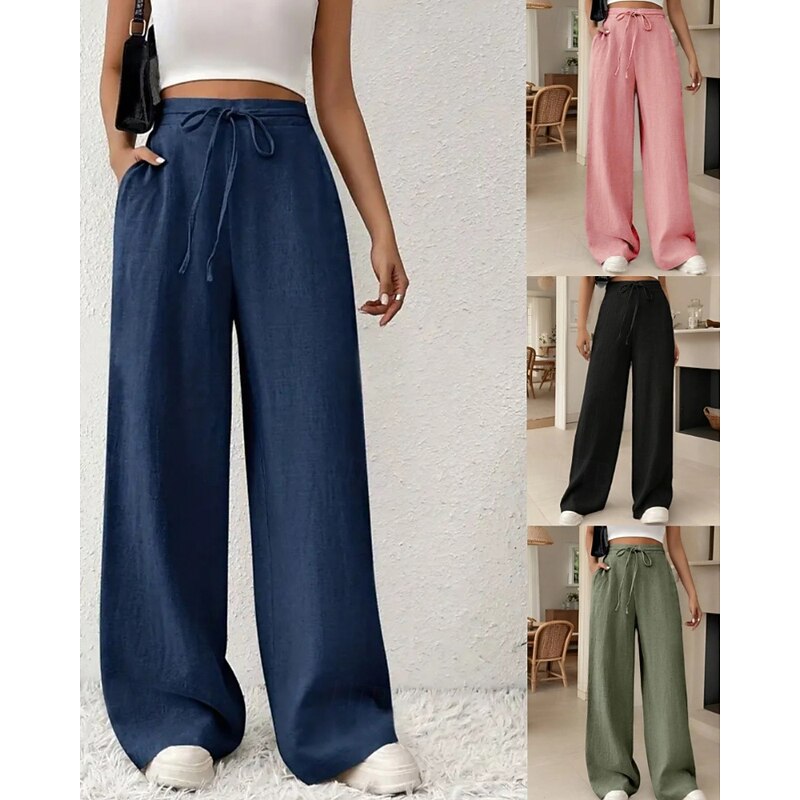 Women's Wide Leg Slacks Streetwear Casual Full Length Natural Plain Pocket Elastic Drawstring Design Comfortable Street Daily Wear Weekend Black Pink Army Green Blue Fall Regular Fit