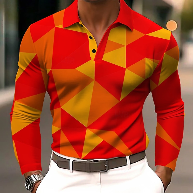 Men's Geometric Polo Long Sleeve Polo Shirts Lapel Casual Athleisure Daily Wear 3D Print Buttons Spring Fall Winter Red Green2