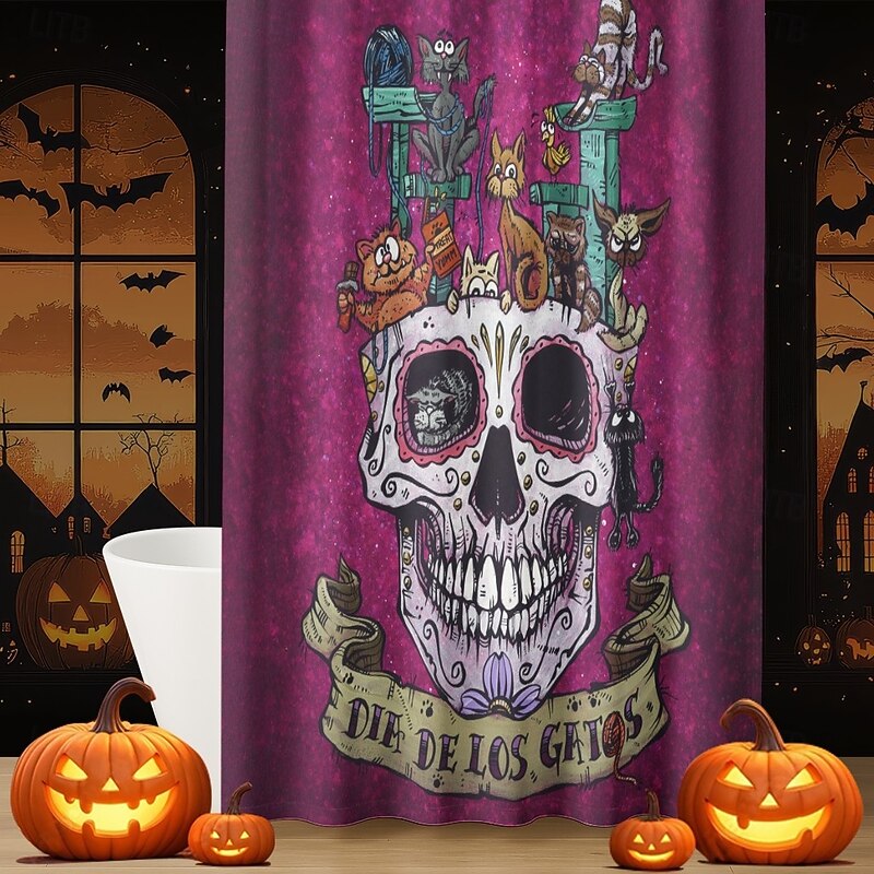 Dia De Los Gatos and Dia De Los Perros by David Lozeau Halloween ShowerCurtain with Hooks Polyester Washable Waterproof Pattern Bathroom Bathtub Decor4