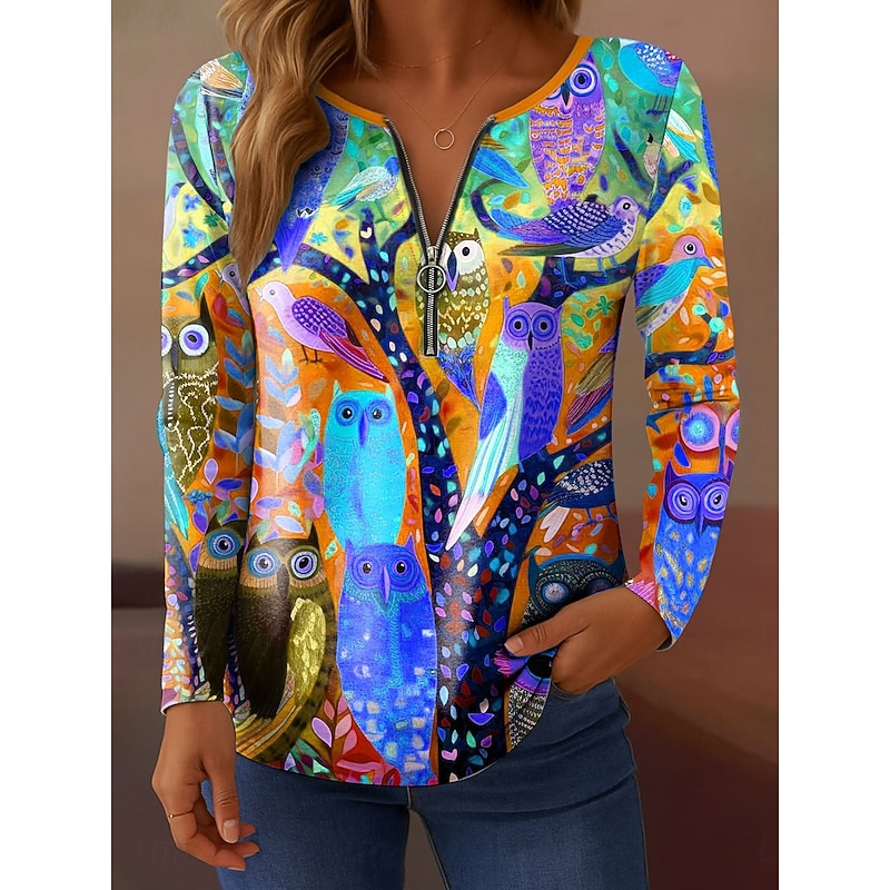 Women's T shirt Long Sleeve Quarter Zip Long Sleeve Casual Graphic Owl Elegant Vintage Stylish V Neck Regular Tops Daily Pink Blue Orange Green Spring Fall Prefall4