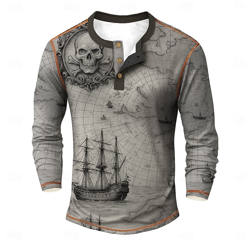 Men's Cool Skulls Sailboat Henley Shirt Tee Long Sleeve Vintage Fashion Designer Outdoor Casual Daily Spring &  Fall Dark Gray Blue Green Khaki Henley Henley T-Shirt