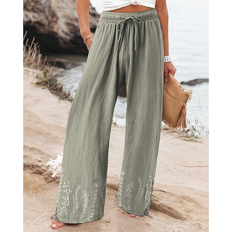 Women's Wide Leg Pants Trousers Palazzo Pants Fashion Streetwear Full Length High Waist Flower Elastic Waist Drawstring Print Breathability Comfortable Street Daily Wear Going out Gray Spring Fall