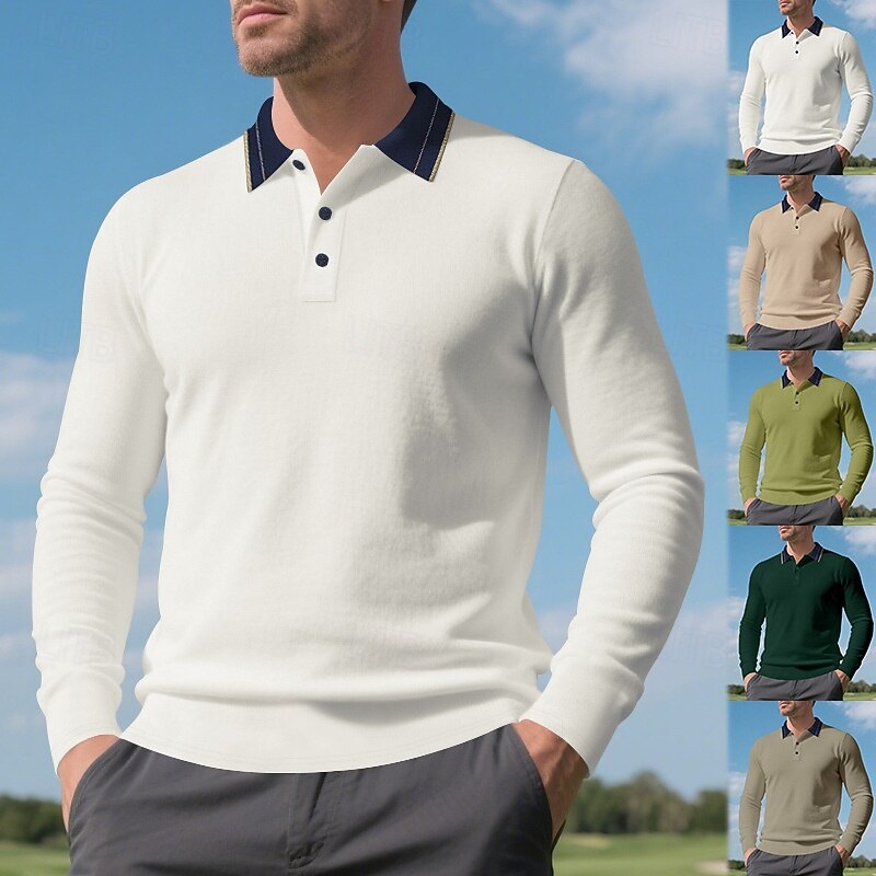 Men's Golf Shirt Golf Polos Shirts Work Casual Lapel Long Sleeve Basic Modern Color Block Buttons Spring Fall Regular Fit Depression Green Black White Brown Khaki Army Green Golf Shirt