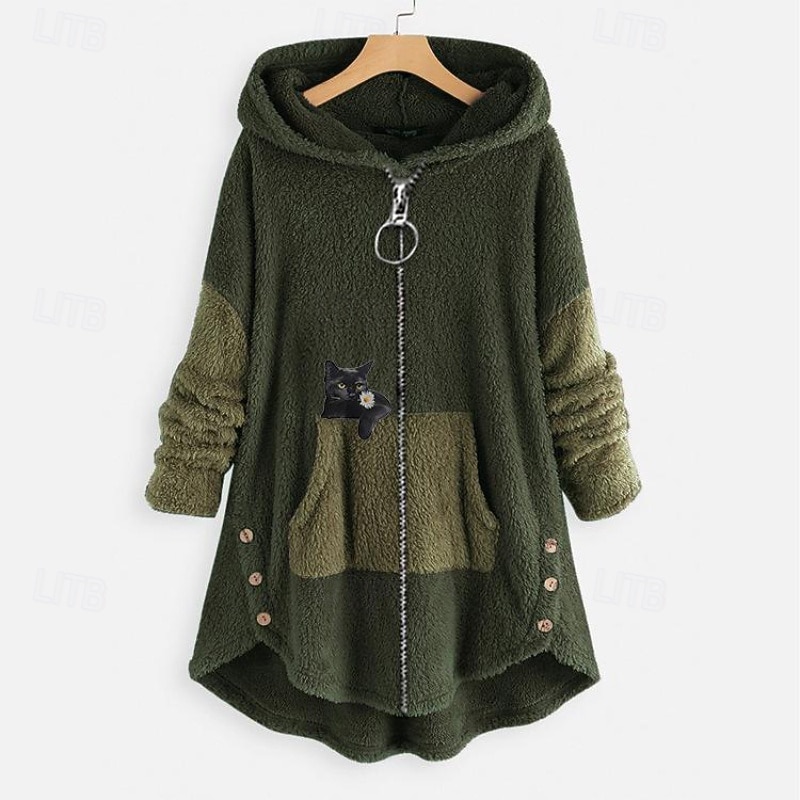 Women's Hoodie Jacket Warm Fleece Lined Pullover Sweatshirt Pajamas Patchwork Zipper Casual Cat Outdoor Vacation Zipper Long Hooded Regular Fit Long Sleeve Outerwear Black Red Army Green Fall Winter2