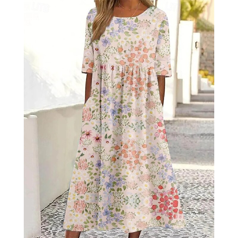 Women's Midi Dress Casual Dress Summer Dress Fashion Modern Daily Beach Weekend Regular Fit Flower Short Sleeve Crew Neck White Pink Purple Brown Summer Spring Fall3