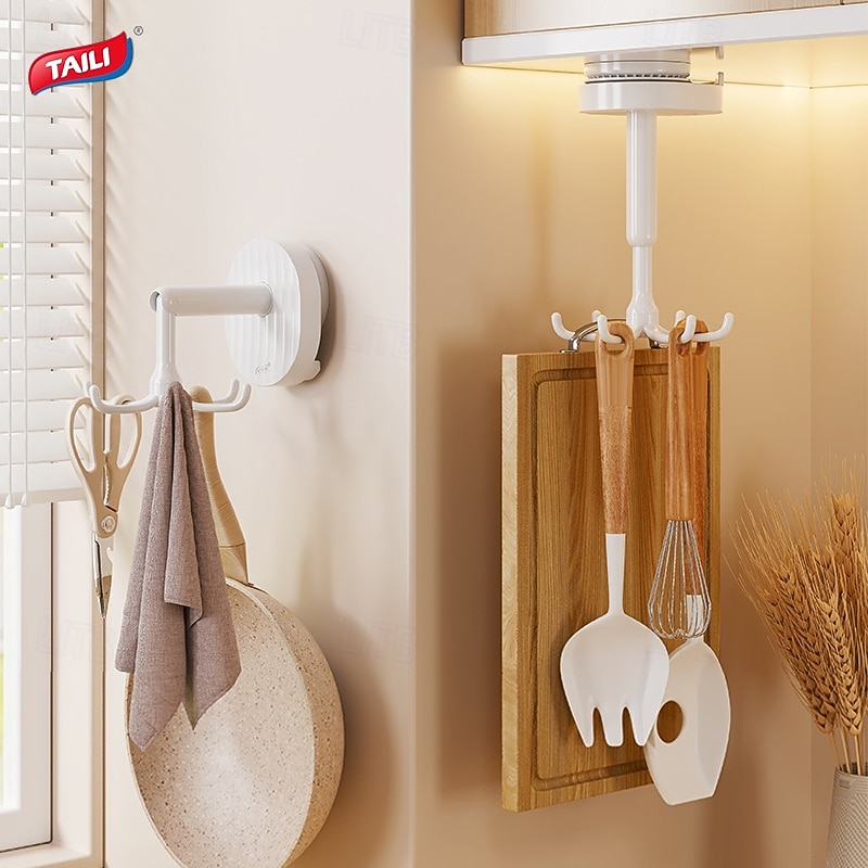 TAILI 360 Rotating Self-Adhesive Utensil Hook, Multi-Purpose Hanging Utensil Holder Vertical Flip Hooks, Rotating Folding Self Adhesive Hook for Home