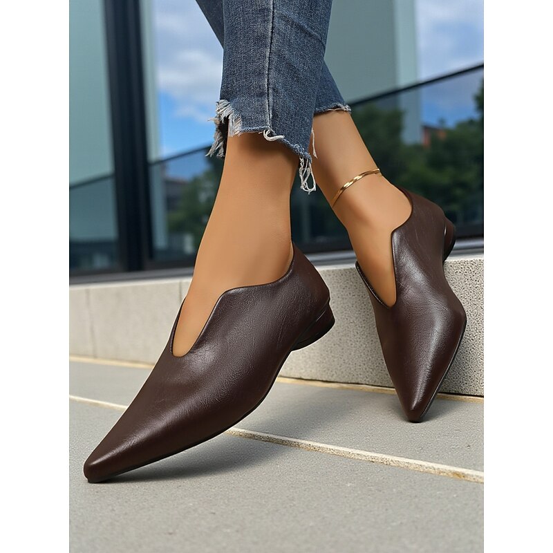 Women's Brown Faux Leather Pointed Toe Flats – Minimalist V-Cut Slip-On Loafers, Elegant Business Casual and Everyday Office Wear4