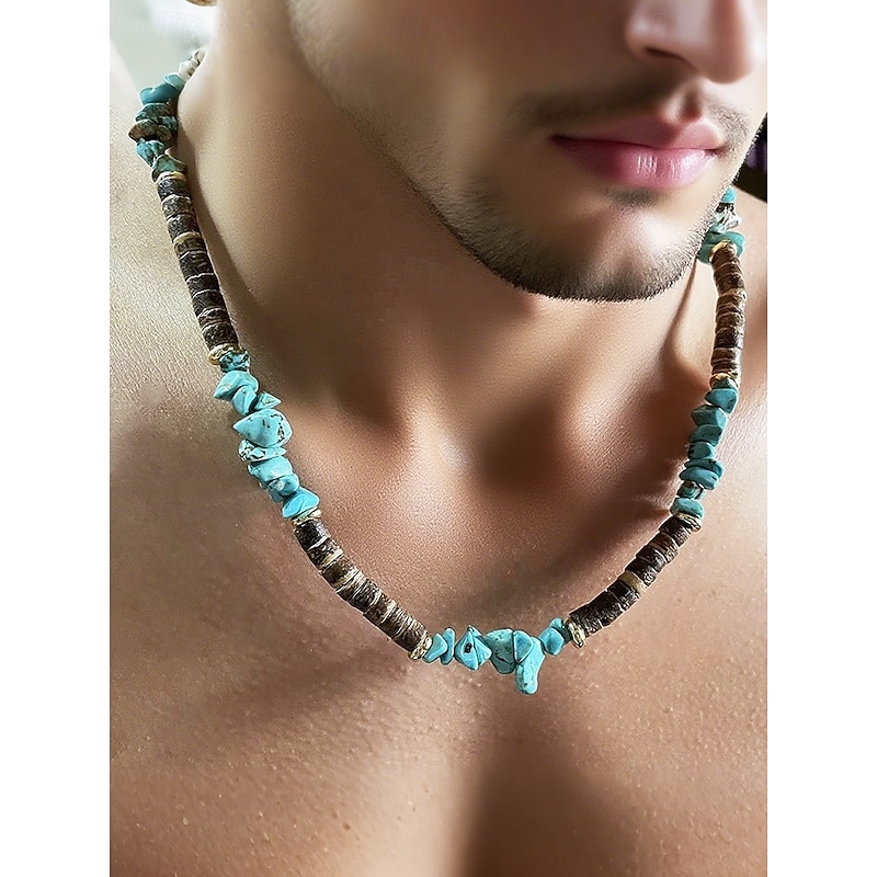 Men's Natural Stone Beaded Necklace with Turquoise Accents – Boho Beach Style Jewelry for Casual Outfits, Festivals and Summer Vacations