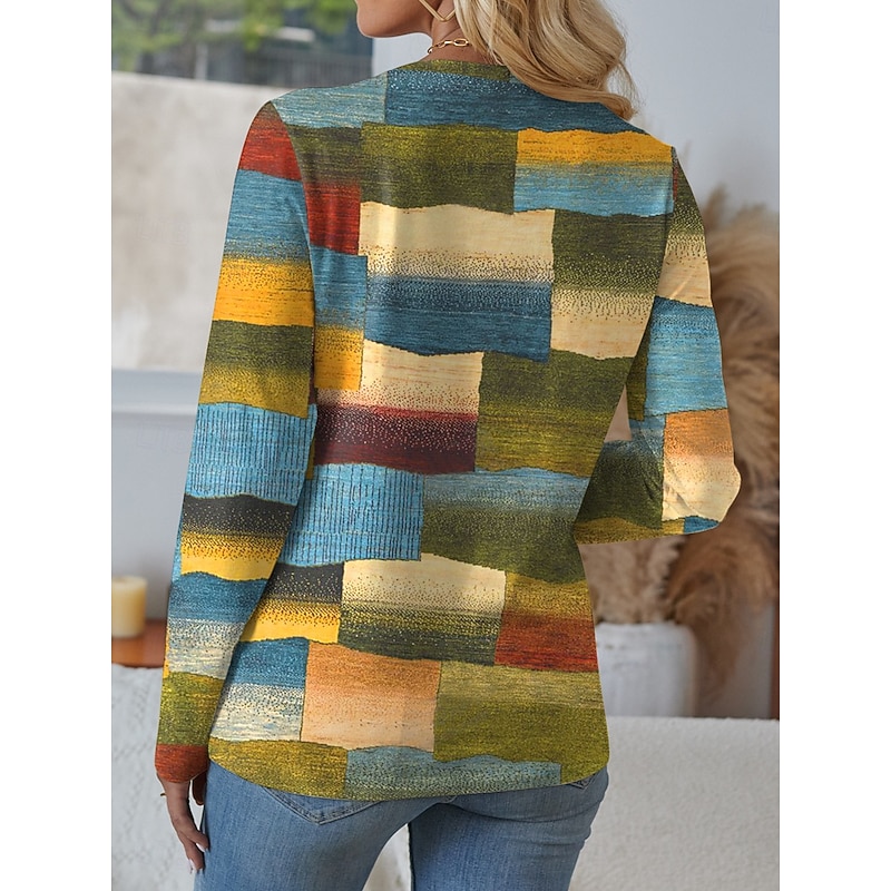 Women's T Shirt Graphic Geometric Vintage Stylish Modern Long Sleeve V Neck Regular Tops Daily Cut Out Print Blue Purple Green Spring Fall2