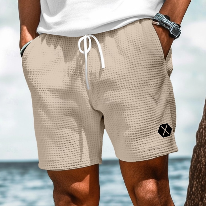 Men's Waffle Sweat Shorts Shorts Bermuda shorts Beach Shorts Elastic Waist Plain Comfort Sports Knee Length Yoga Daily Beach Vacation Ethnic Style White Blue Stretchy4