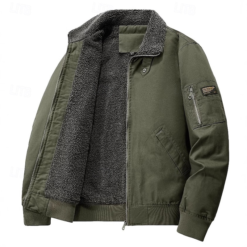 Men Outdoor Jacket Bomber Jacket Padded Sherpa Training Outdoor Thermal Warm Windbreaker Fleece Collar Winter Solid Color Casual Regular Black Dark Green Khaki Jacket3