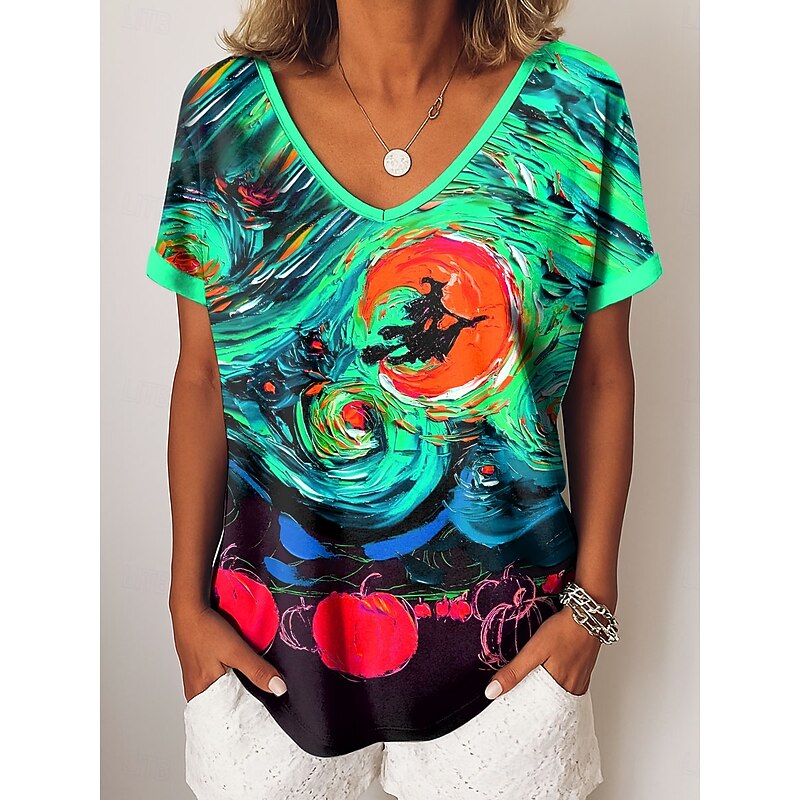 Halloween Women's T shirt Witch Graphic Abstract Vintage Casual Short Sleeve V Neck Regular Tops Daily Weekend Vacation Wear Print Blue Orange Green Summer Fall3