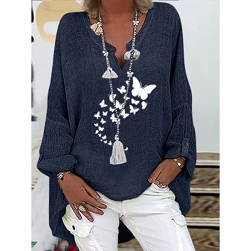 Women's Cotton Shirts Butterfly Basic Casual Long Sleeve V Neck Regular Tops Daily Print Black Navy Blue Sky Blue Summer Spring Fall2