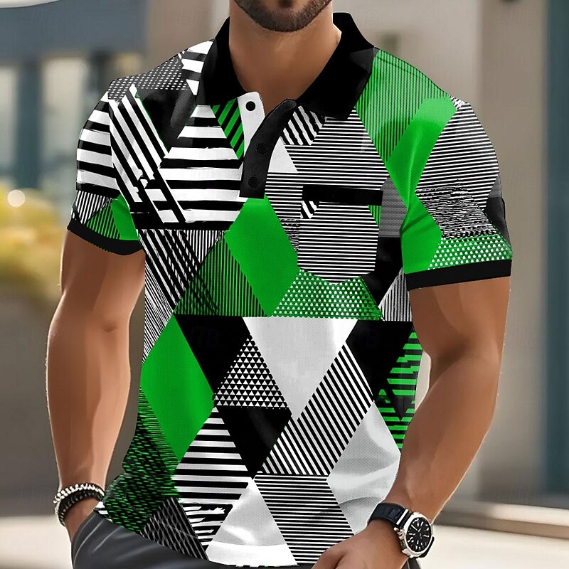 Men's Geometric Pattern Polo Short Sleeve Polo Shirts Collared Shirts Casual Outdoor Athleisure Daily Wear Pocket 3D Print Buttons Summer Red Blue Purple