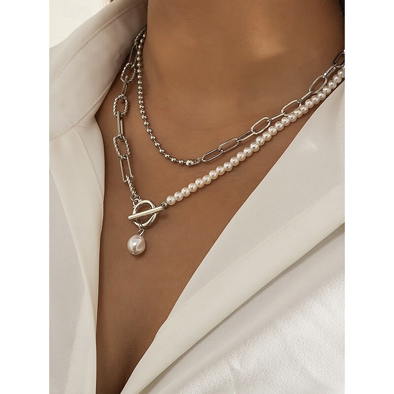 Women's Layered Gold Chain and Pearl Pendant Necklace – Elegant Alloy Jewelry for Cocktail Parties, Weddings and Office Outfits4