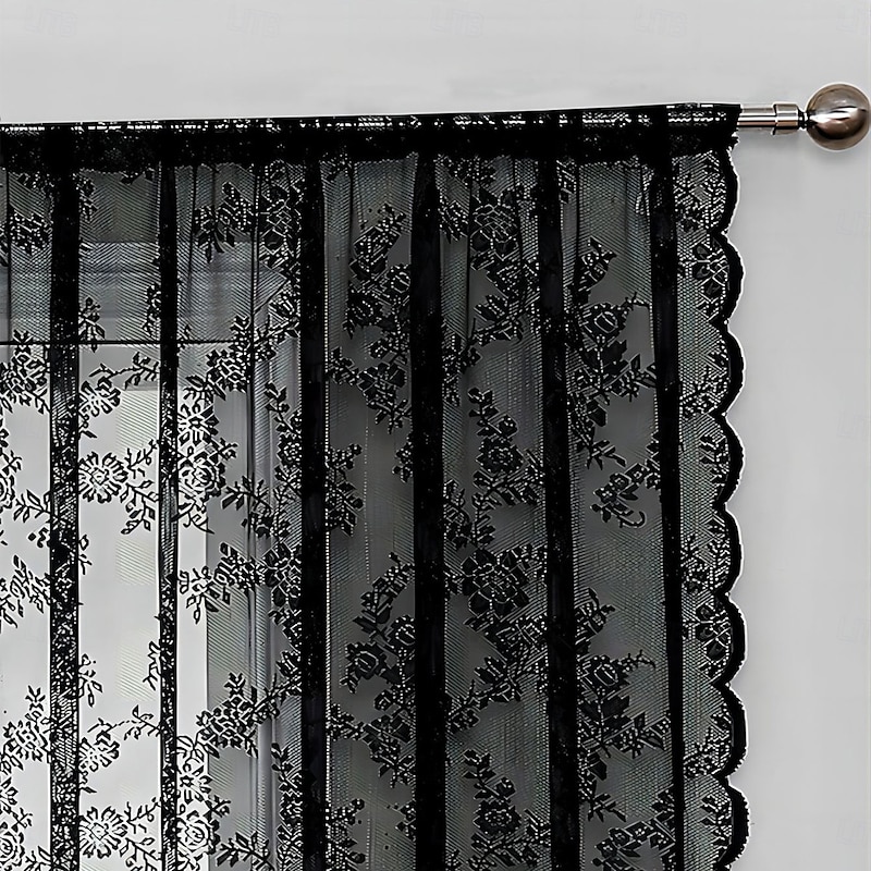 Curtain Drapes Jacquard Lace Border Grommet Curtains - Ready-Made Sheer Country-Style Outdoor Drapes4